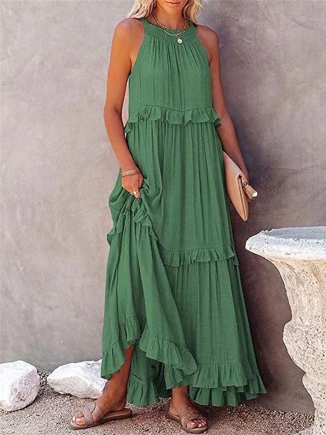European and American Summer Vacation Style Lotus Leaf Edge Long Dress with Big Swing and Elegant Beach Skirt Women - Boho Roe