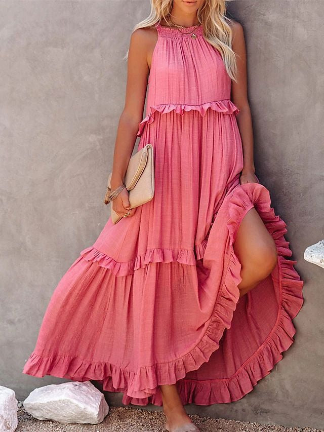 European and American Summer Vacation Style Lotus Leaf Edge Long Dress with Big Swing and Elegant Beach Skirt Women - Boho Roe