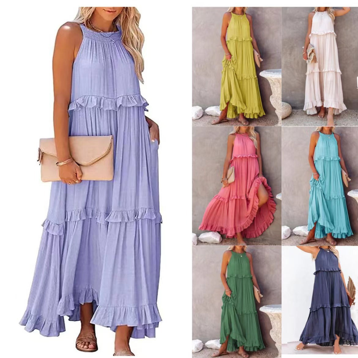 European and American Summer Vacation Style Lotus Leaf Edge Long Dress with Big Swing and Elegant Beach Skirt Women - Boho Roe