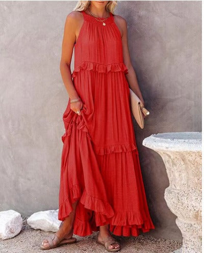 European and American Summer Vacation Style Lotus Leaf Edge Long Dress with Big Swing and Elegant Beach Skirt Women - Boho Roe