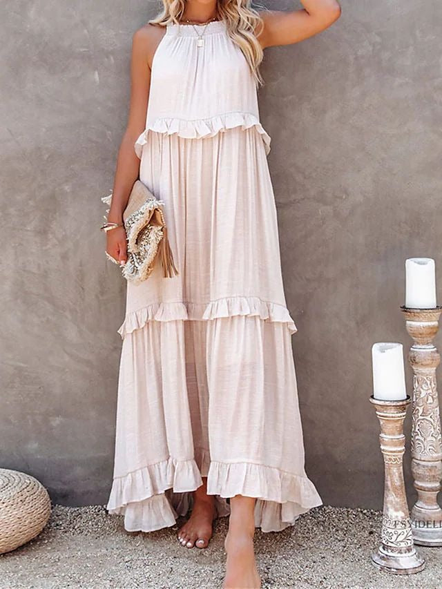 European and American Summer Vacation Style Lotus Leaf Edge Long Dress with Big Swing and Elegant Beach Skirt Women - Boho Roe