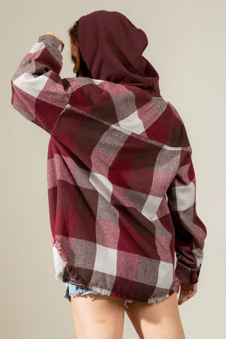 Women's Brushed Woolen Long-sleeved Hooded Shirt Plaid Coat