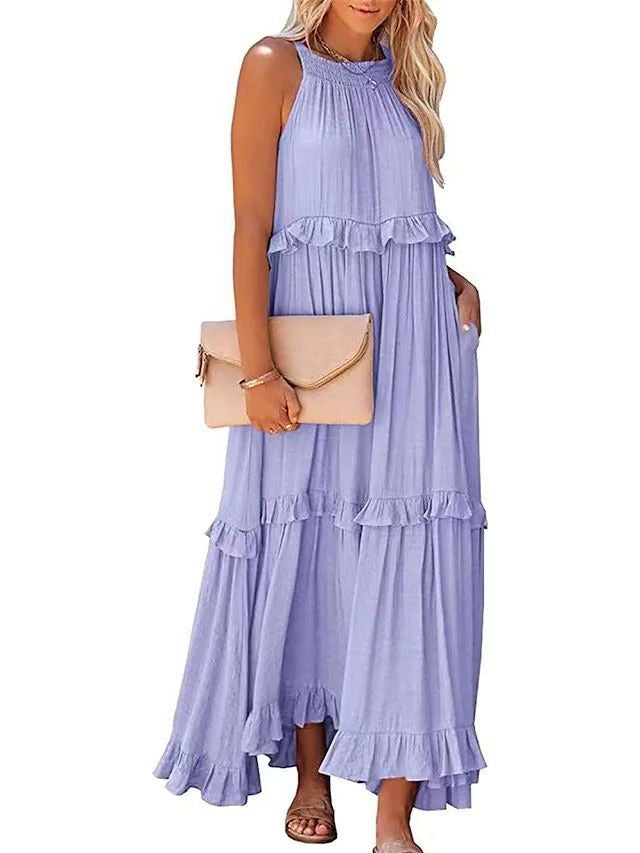 European and American Summer Vacation Style Lotus Leaf Edge Long Dress with Big Swing and Elegant Beach Skirt Women - Boho Roe