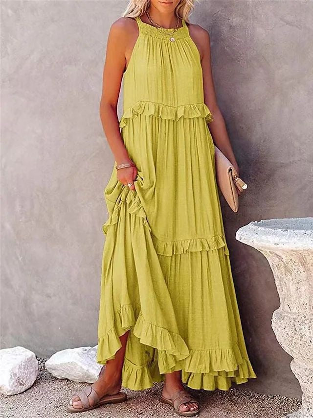 European and American Summer Vacation Style Lotus Leaf Edge Long Dress with Big Swing and Elegant Beach Skirt Women - Boho Roe