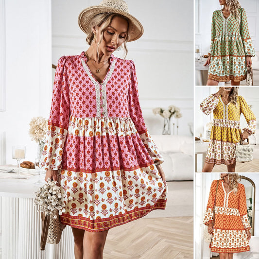 Women's Autumn Vacation Casual Bohemian Mid length Dress - Boho Roe