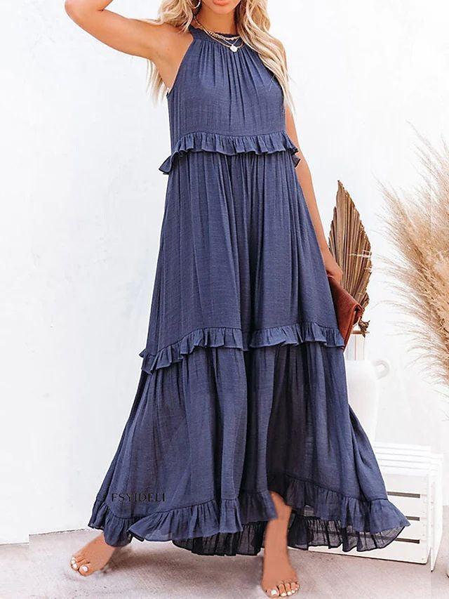 European and American Summer Vacation Style Lotus Leaf Edge Long Dress with Big Swing and Elegant Beach Skirt Women - Boho Roe