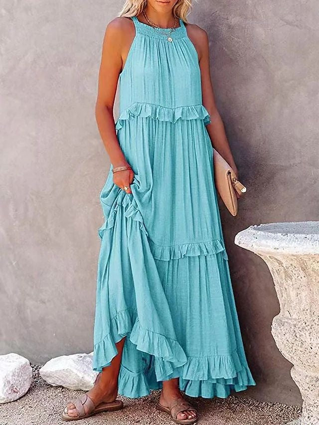 European and American Summer Vacation Style Lotus Leaf Edge Long Dress with Big Swing and Elegant Beach Skirt Women - Boho Roe
